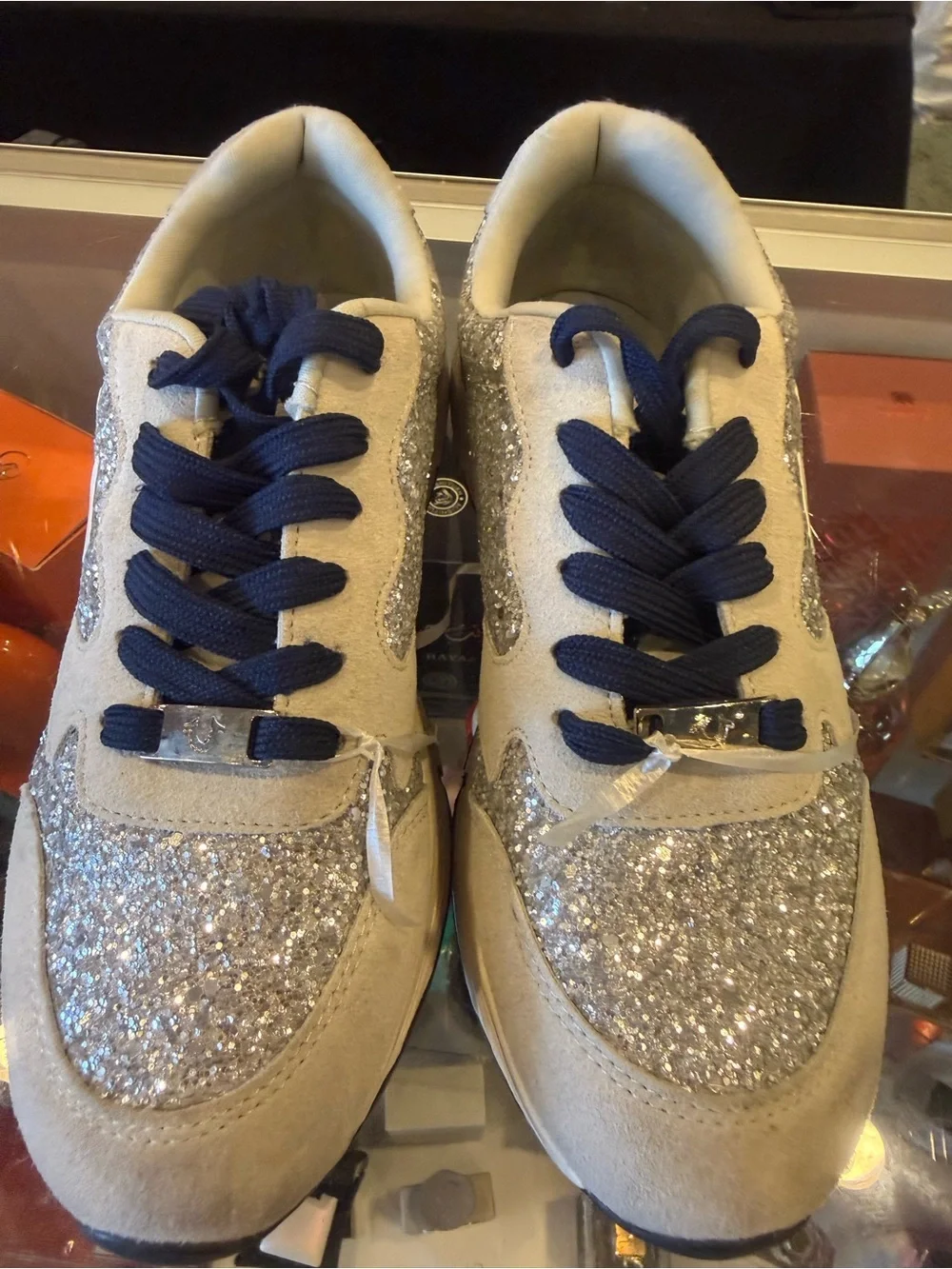 True Religion Silver Glitter and Beige Sneakers with Navy Laces